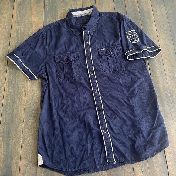 Guess Jeans Blue Short Sleeve Button Camp Western Shirt Slim Fit Mens Large (H6) - Picture 3 of 10